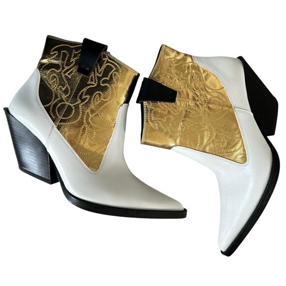 Zara White & Metallic Gold Faux Leather Pointed Toe Ankle Cowboy Western Boot - Picture 9 of 10